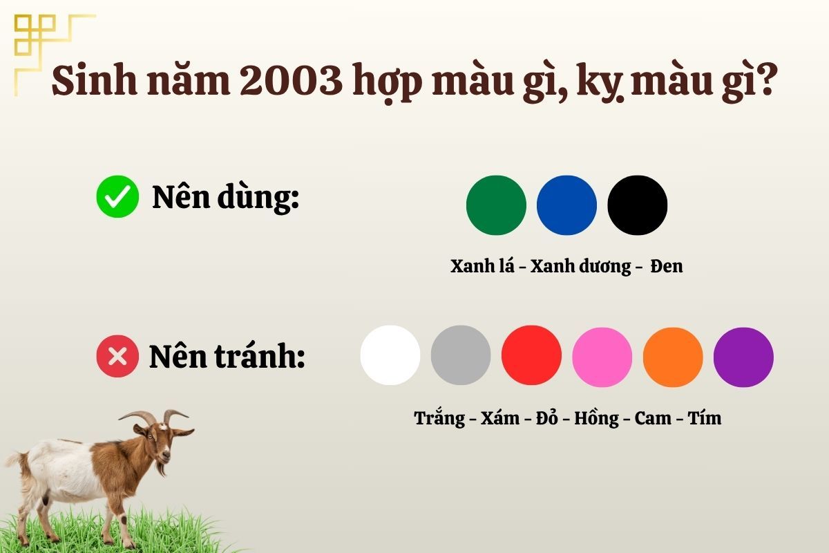 2003 hợp với các màu mệnh Mộc và Thủy, nên các màu mệnh Kim và Hỏa