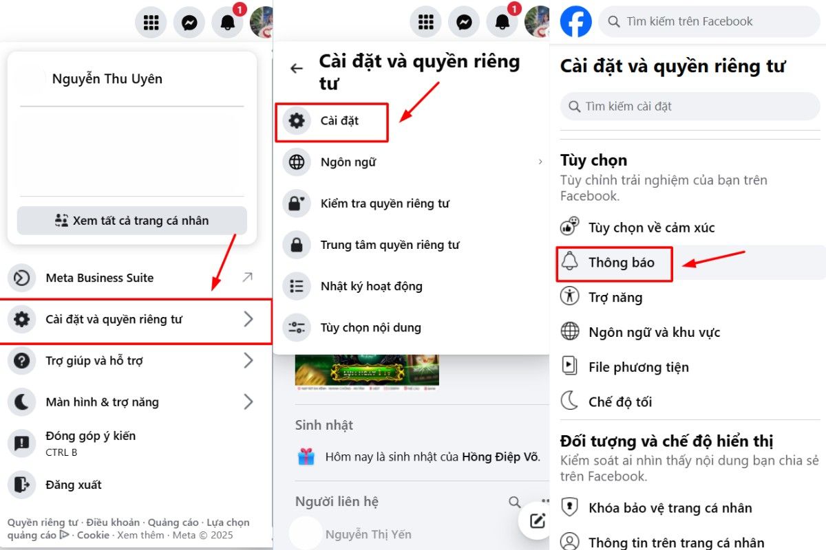 hướng dẫn bật tắt thông báo đẩy trên fb