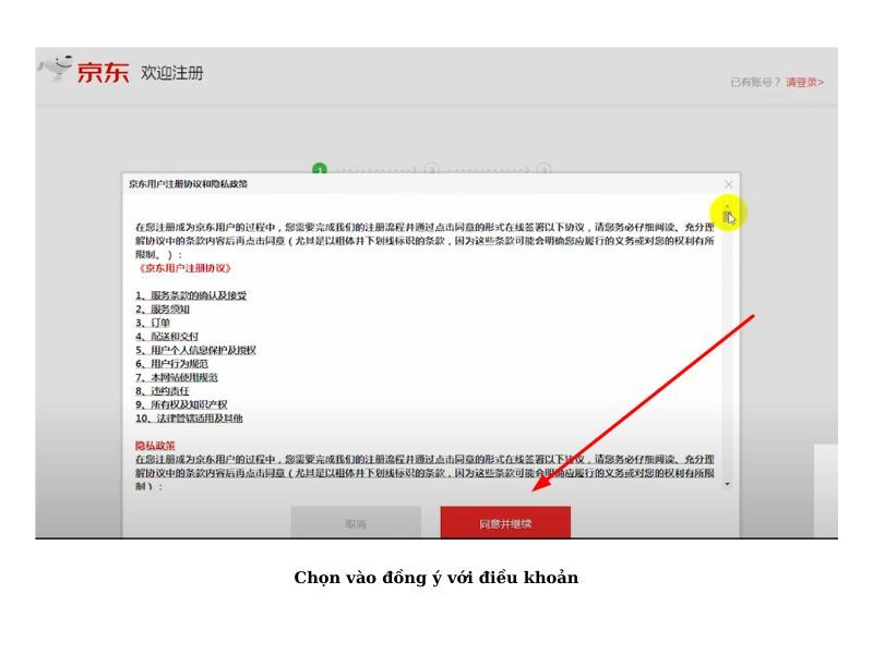 Ấn chọn nút màu đỏ như hình để đồng ý với điều khoản