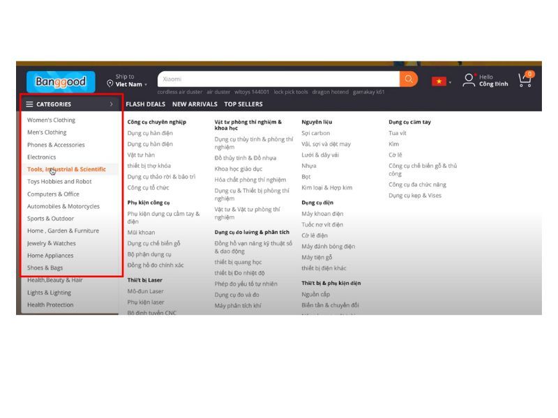 Danh mục sản phẩm trên banggood