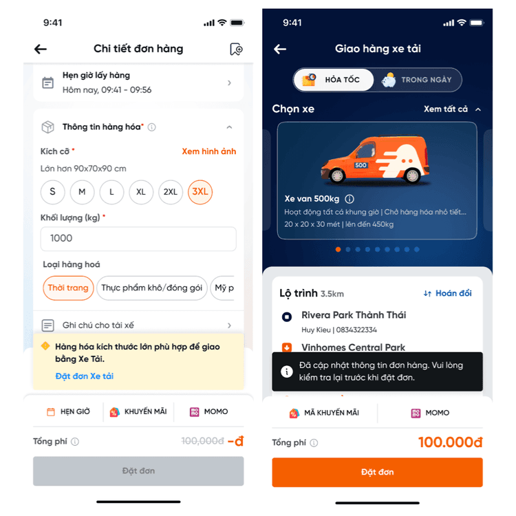 Trường hợp vượt mức kích thước hoặc khối lượng tối đa, khách hàng cần chuyển sang dịch vụ xe tải van.