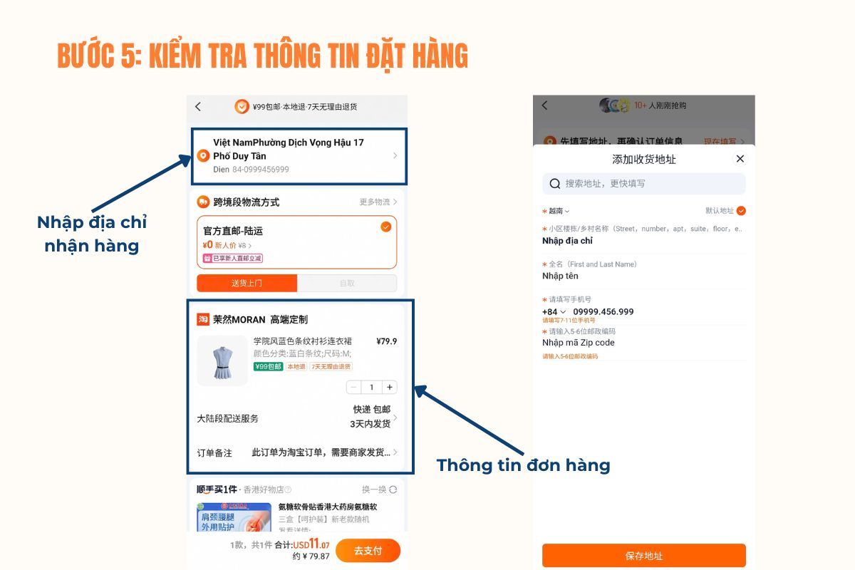 Nhập địa chỉ nhận hàng và kiểm tra thông tin đơn hàng trên tmall
